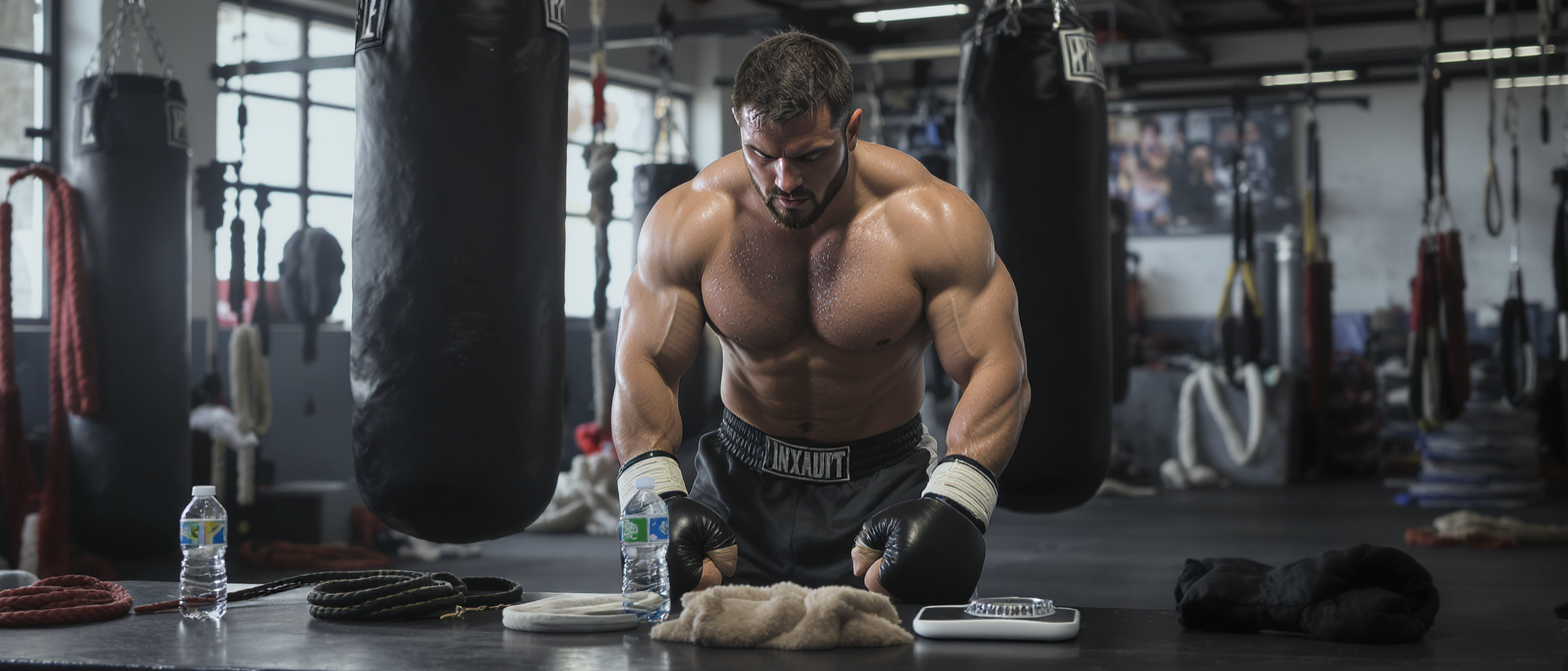 Boxeur assis au sol d'une salle de boxe, entre les sacs de frappe