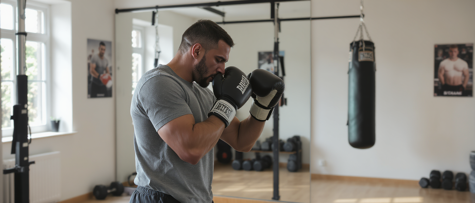 Boxeur en garde qui travaille seul dans une salle lumineuse, sac de frappe au fond