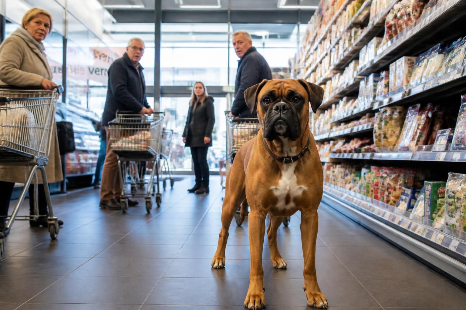 après 8 semaines d'absence, un boxer retrouve sa famille sain et sauf en réapparaissant dans un supermarché en belgique.