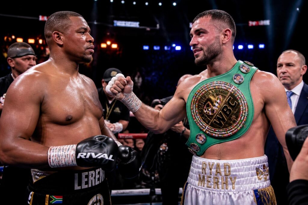 kevin lerena reconnaît la supériorité de ryad merhy, sacré nouveau champion wbc des bridgerweight, dans un combat marqué par la domination du belge.