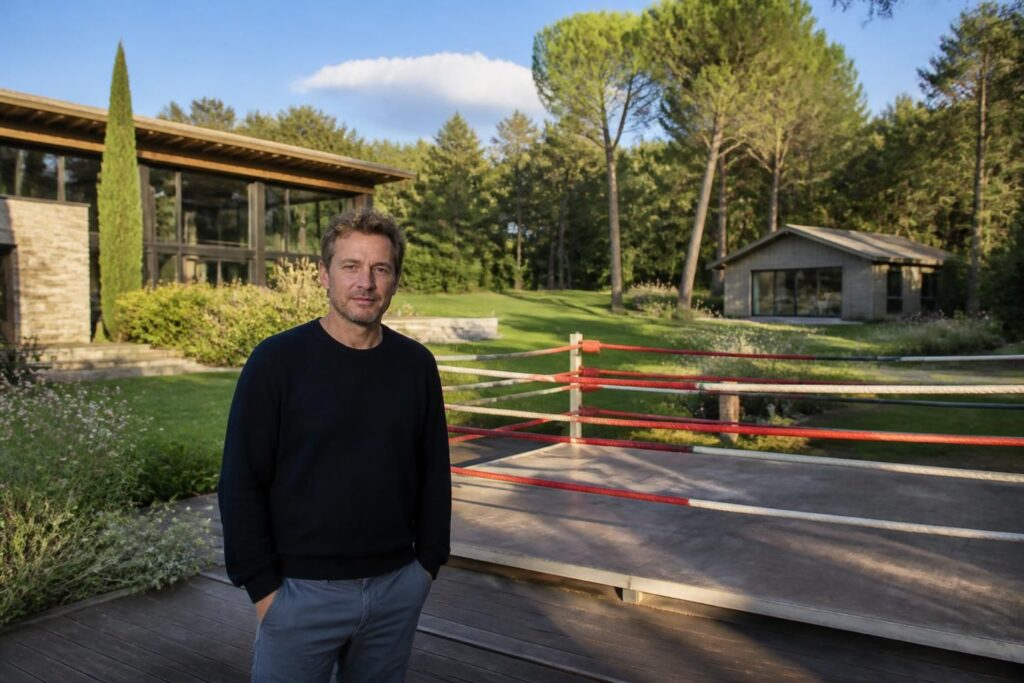 découvrez la vie paisible de mathieu kassovitz loin de la cité, avec son domaine comprenant un jardin, un ring de boxe et deux bâtisses.