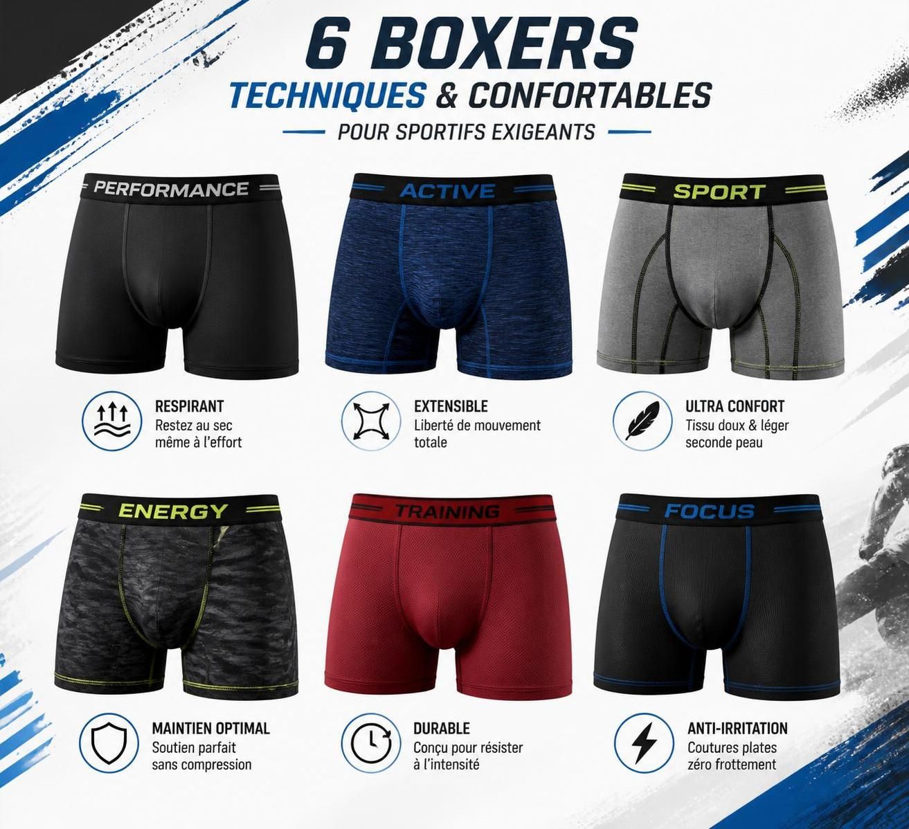 découvrez notre offre exclusive : 6 boxers de qualité, approuvés par les sportifs, à un prix imbattable. confort et performance garantis pour tous les jours.