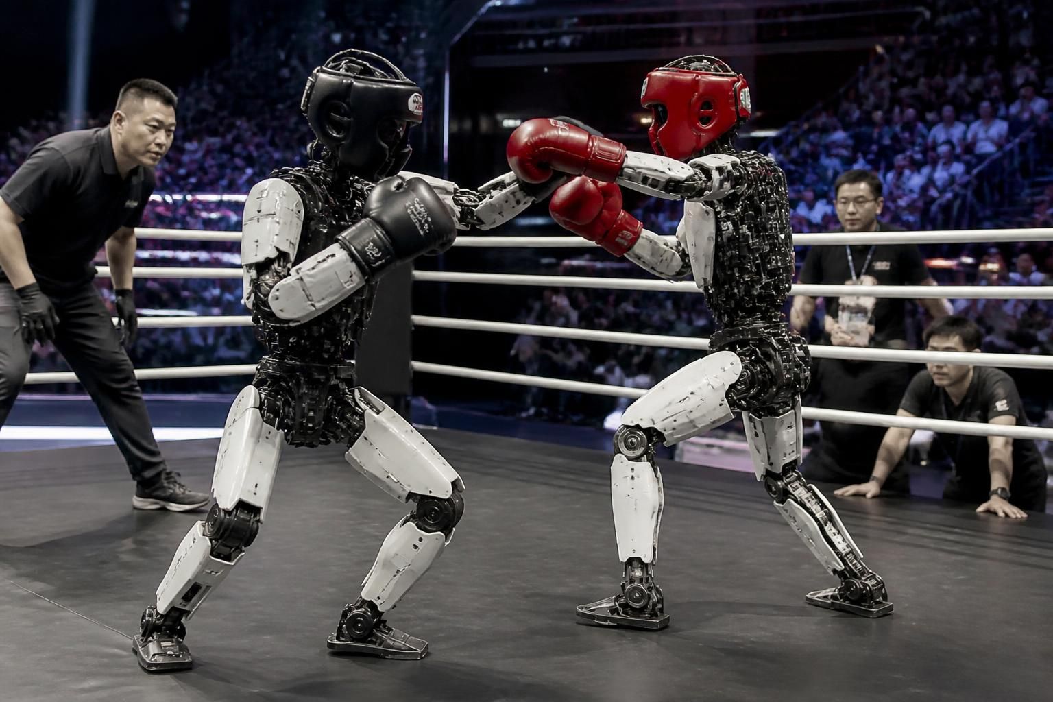 découvrez le combat de robots humanoïdes, un duel spectaculaire sur le ring des jeux mondiaux alliant technologie avancée et adrénaline.