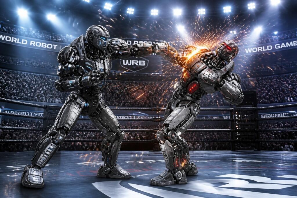 assistez à un combat de robots humanoïdes exceptionnel lors des jeux mondiaux, où technologie et adrénaline s'affrontent pour un duel spectaculaire sur le ring.