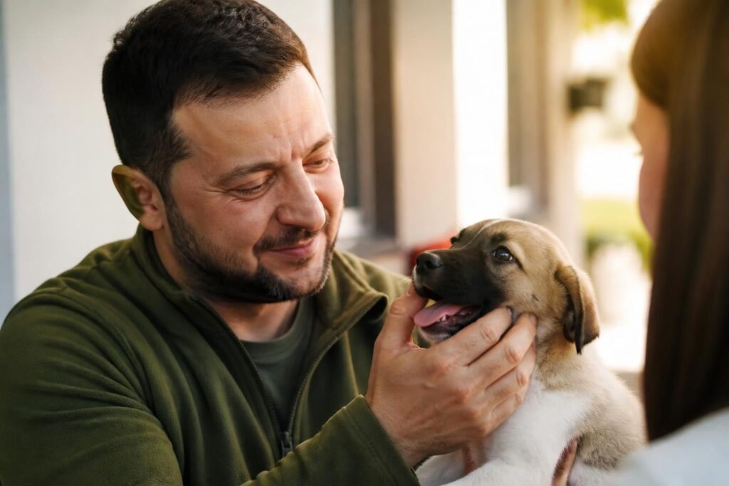 découvrez le moment tendre où volodymyr zelensky accueille chaleureusement un chiot offert par un ancien champion, un geste unique plein d'émotion.
