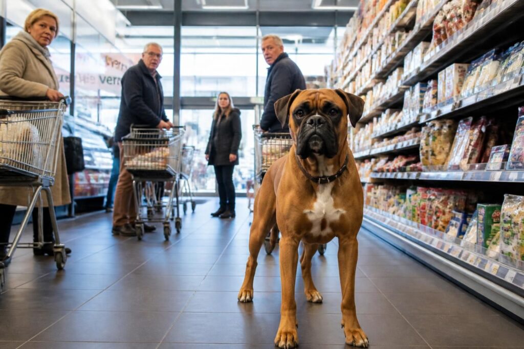 après 8 semaines d'absence, un boxer retrouve sa famille sain et sauf en réapparaissant dans un supermarché en belgique.